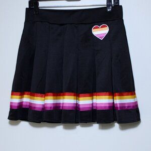 Body Rage Junior's Black Striped Pleated Cheerleader Skater Skirt Pink Heart M